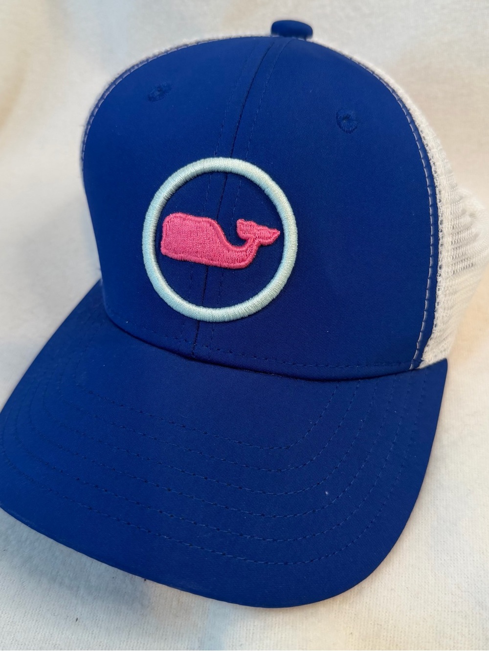 Vineyard Vines Kids Blue Trucker Hat with Pink Whale Patch